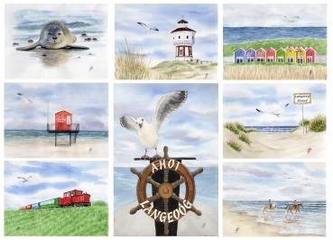 Postkarte DIN-A6 Aquarell Maritim Kunst Druck Kunstdruck Nordsee Strandkorb Leuchtturm Insel Langeoog Meer Strand Dünen
